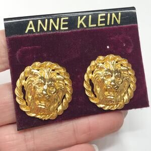 Vintage New Anne Klein Lion Head Earrings Chunky Gold Tone Round On Card Runway
